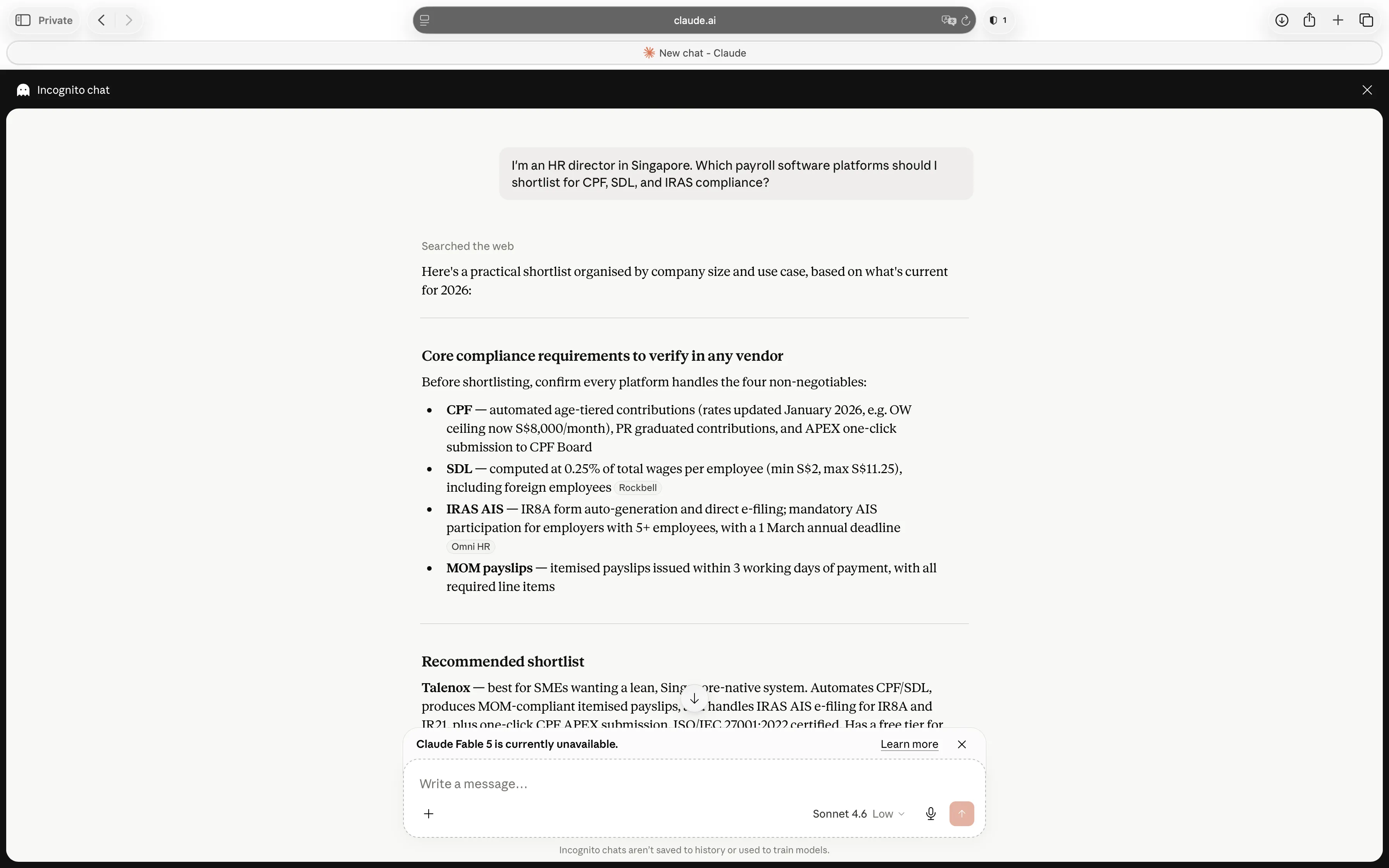 Claude response listing Talenox, JustLogin, QuickHR, and other Singapore payroll platforms