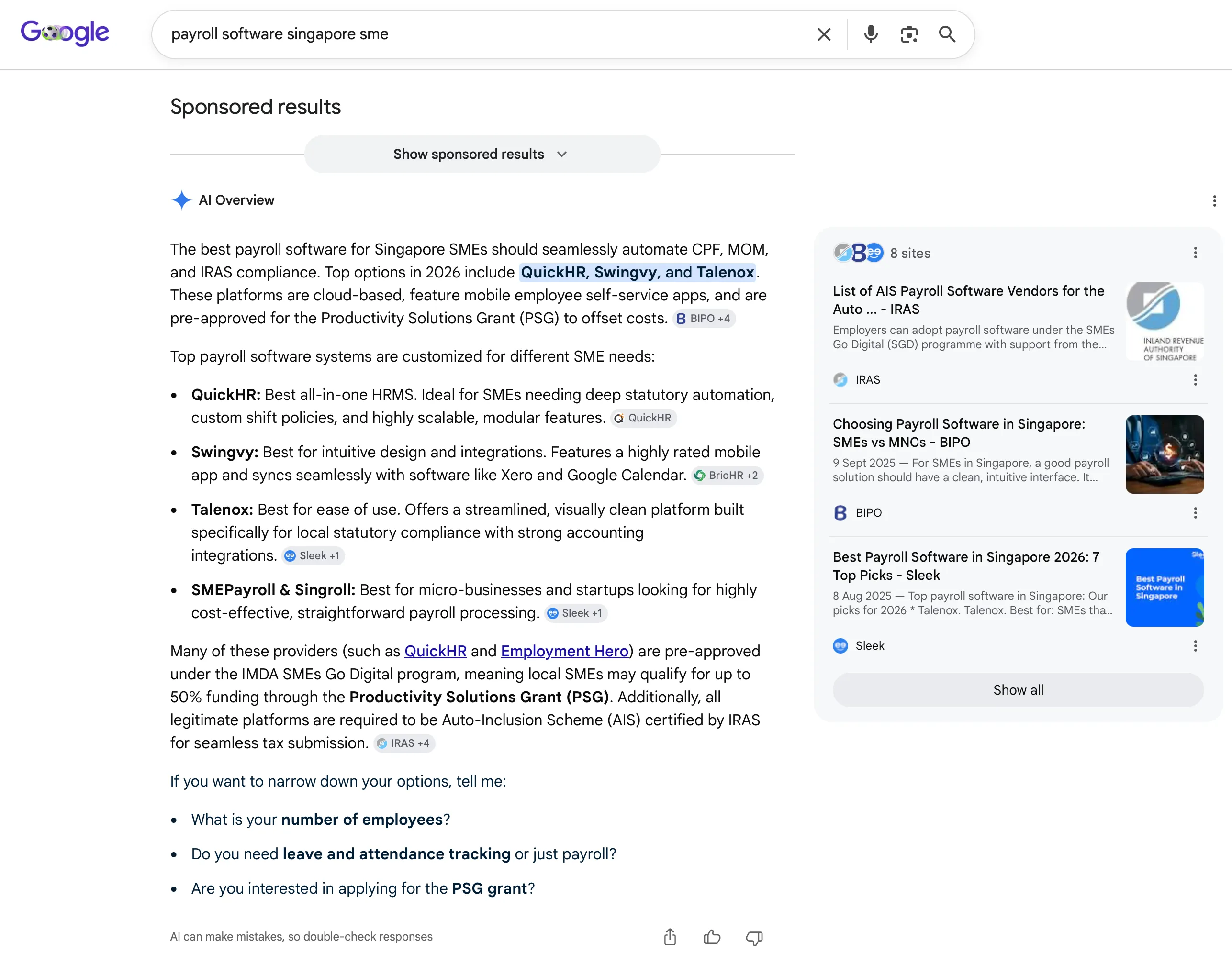 Google search results for payroll software singapore sme showing Swingvy named in the AI Overview but absent from page one organic listings