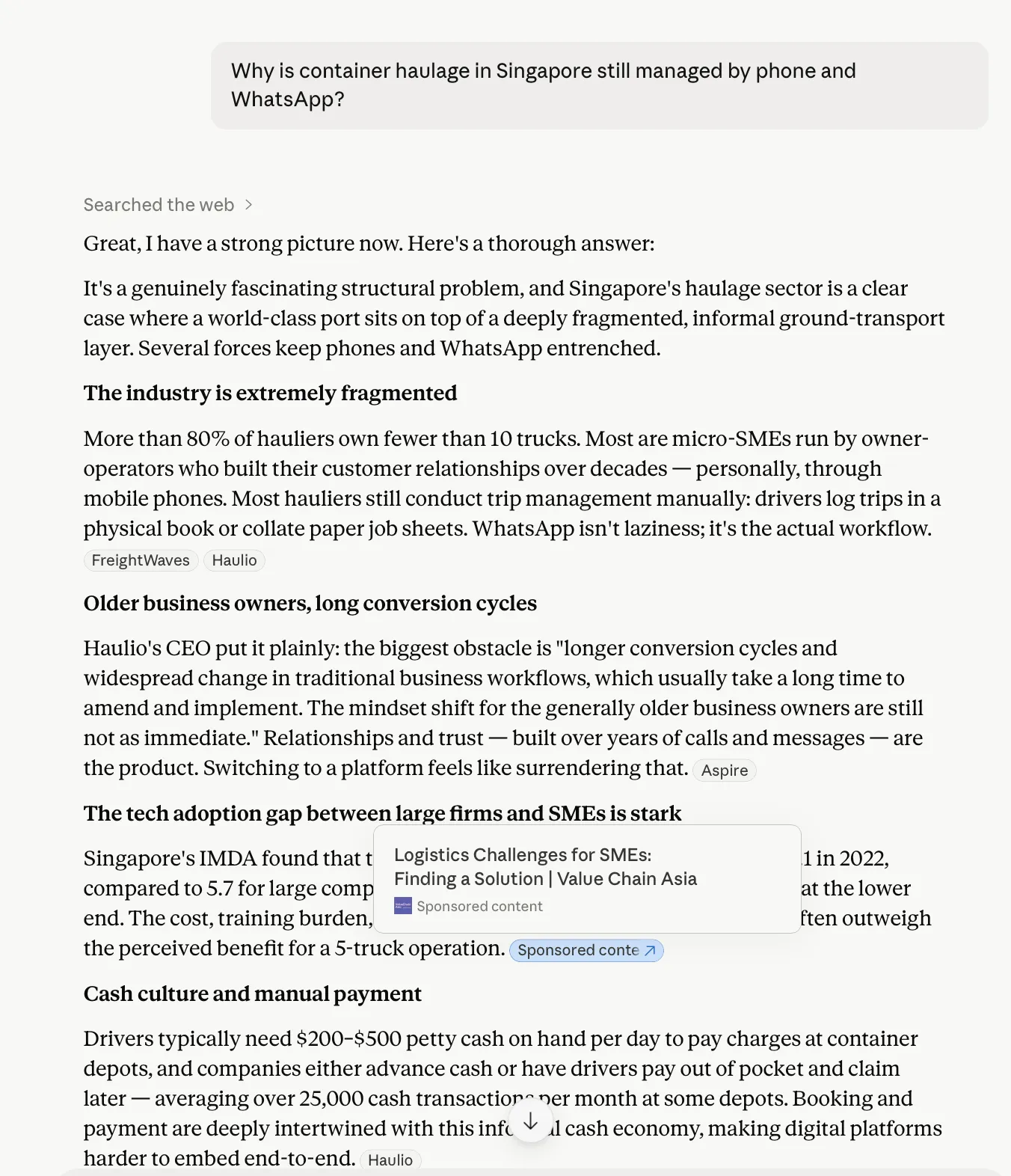 Claude response to a Singapore container haulage prompt with a citation hover card showing "Logistics Challenges for SMEs: Finding a Solution | Value Chain Asia" and a secondary label reading "Sponsored content"