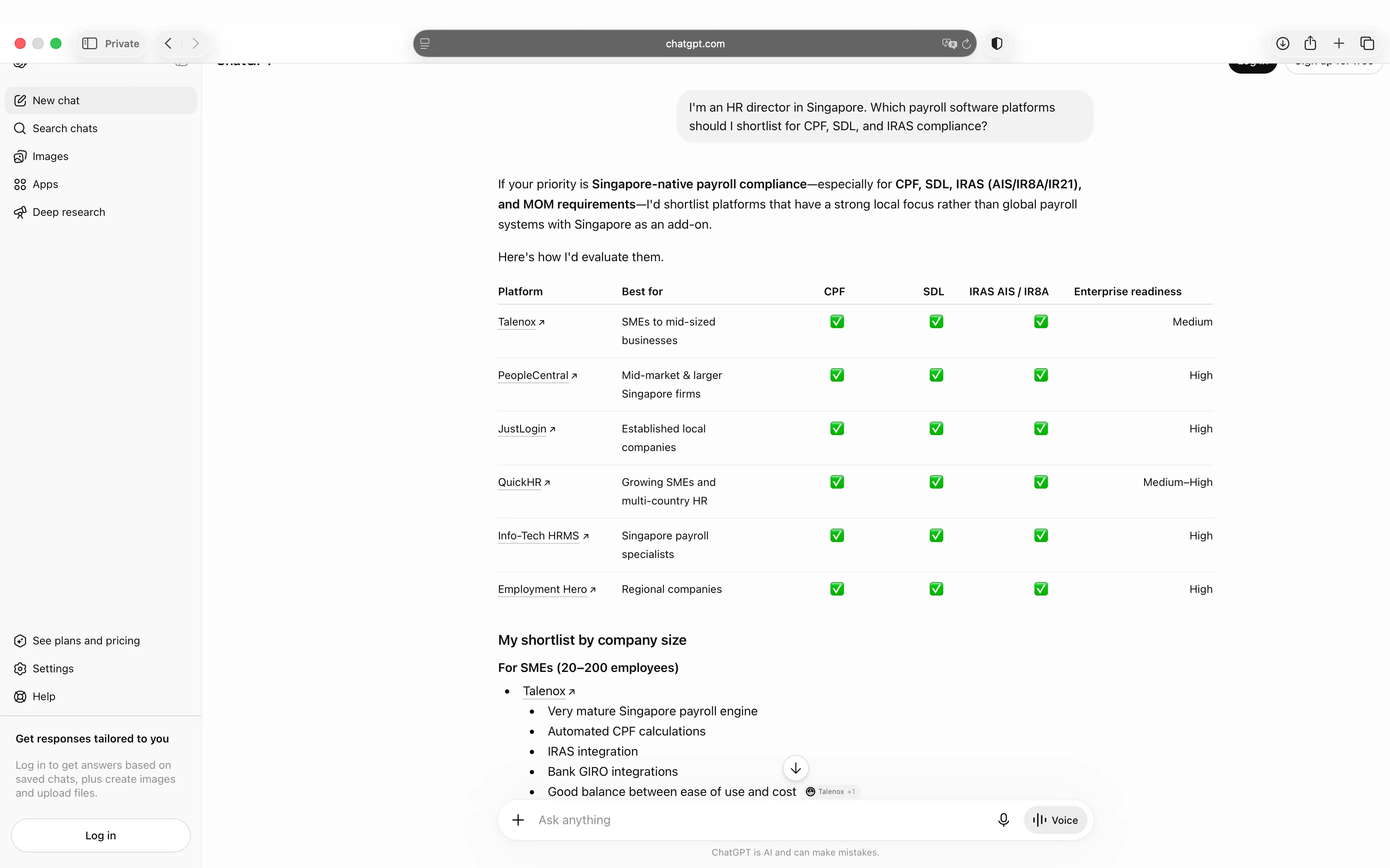 ChatGPT response listing Talenox, PeopleCentral, JustLogin, and other payroll vendors but not Swingvy