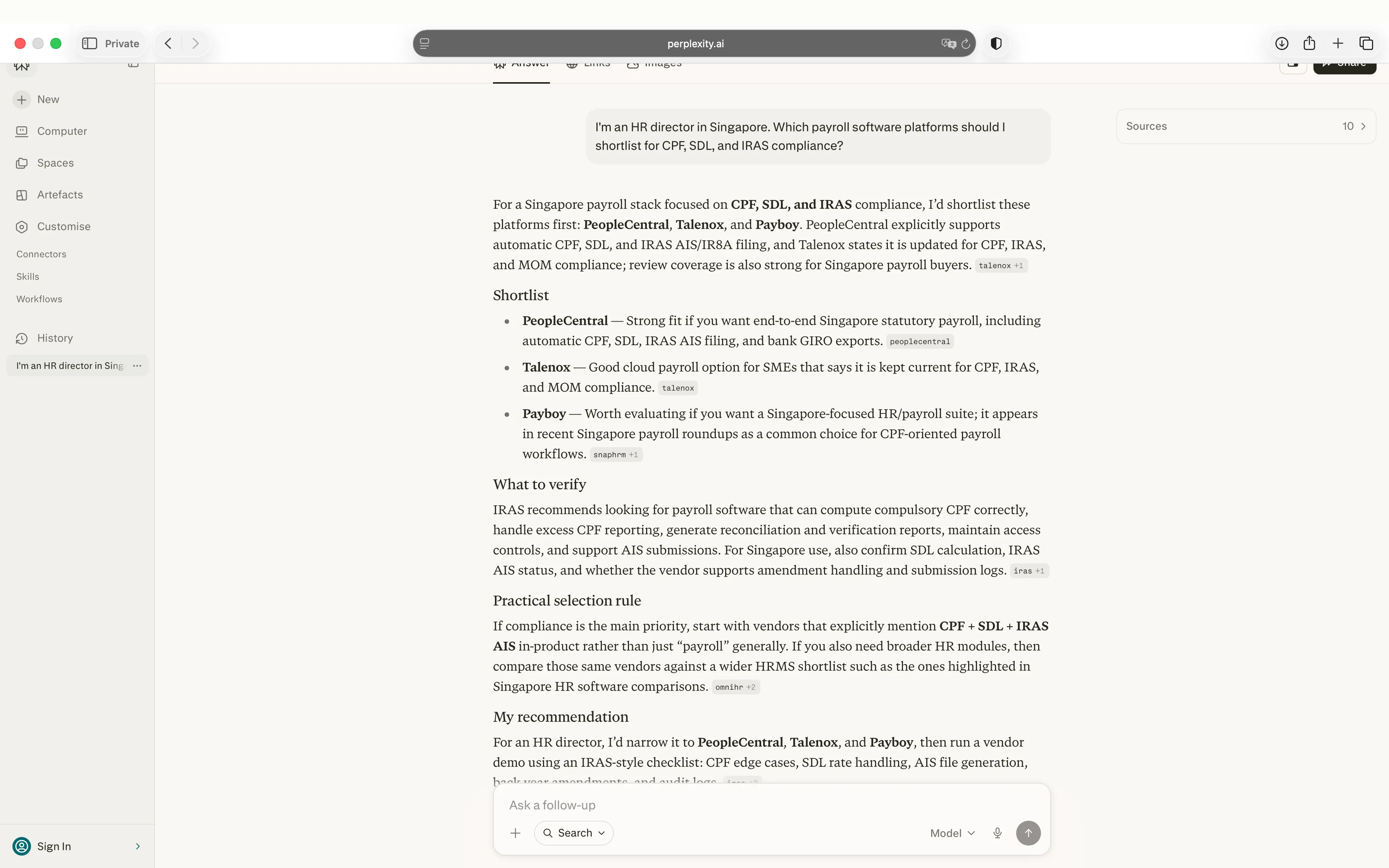 Perplexity response recommending PeopleCentral, Talenox, and Payboy for Singapore payroll compliance